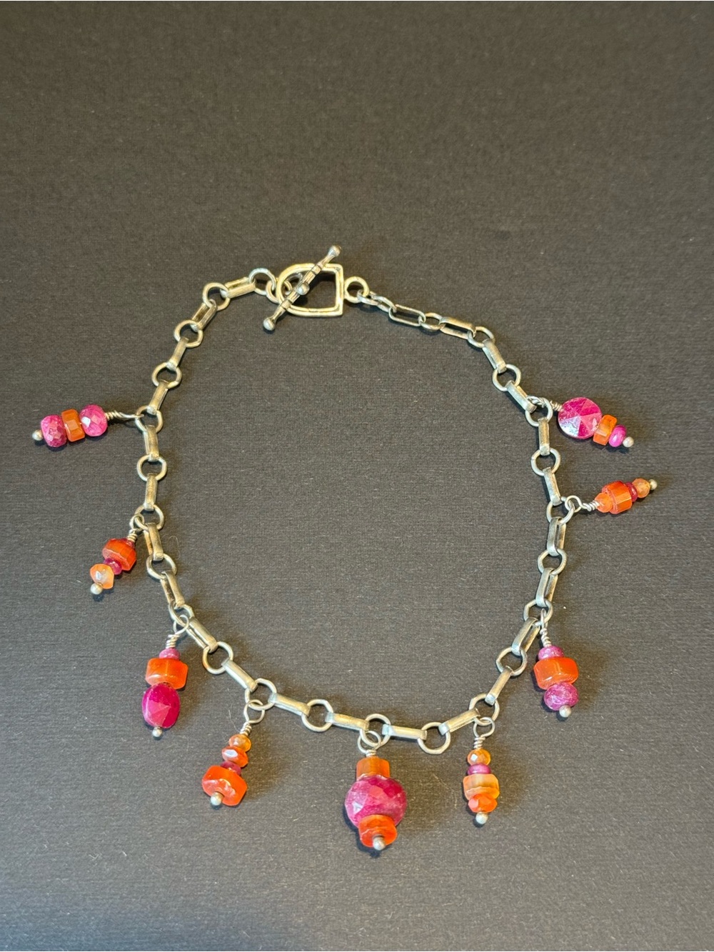 Annie Adam’s Silver Chain Ankle Bracelet with Pink and Orange Bead Charms 9”